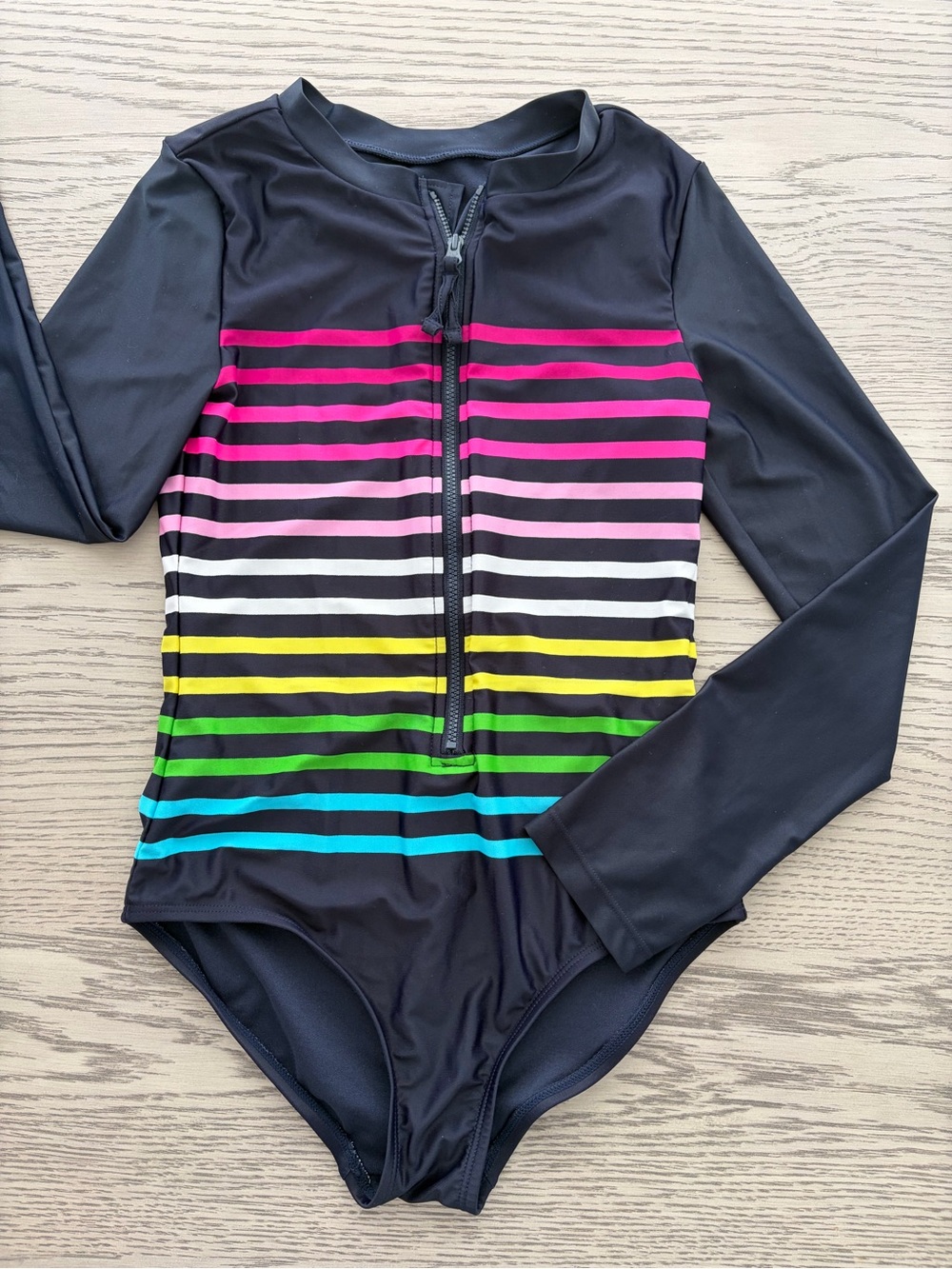 GAP Girls Black Long-Sleeve Rashguard One-Piece with Neon Rainbow Stripes
